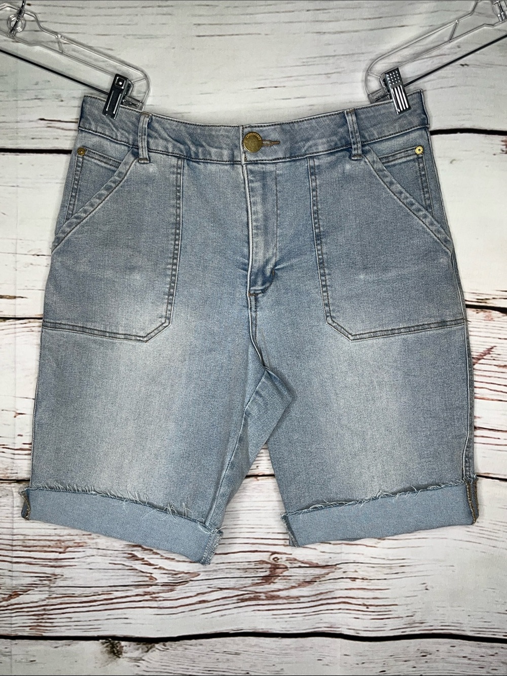 Democracy 16P Blue Denim “Ab” Solution Patch Pocket High Rise Bermuda Jean Short